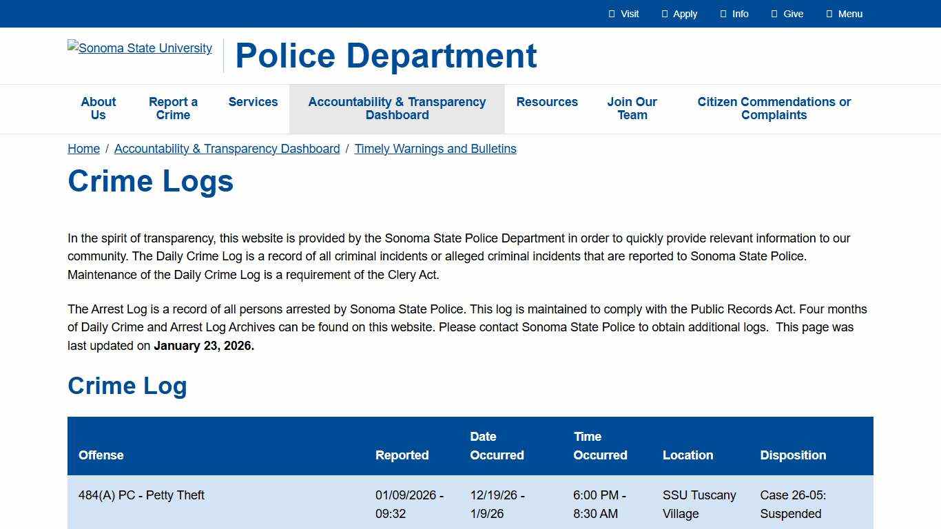 Crime Logs Police Department at Sonoma State University